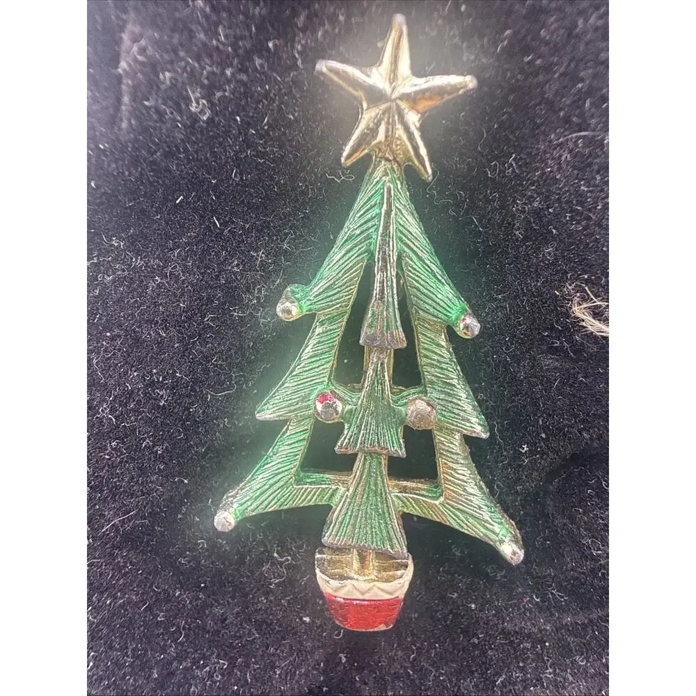 Vintage Signed BJ Beatrix Christmas Tree Brooch Pin Green Enamel Gold Tone 1960s